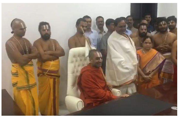 Chinna Jeeyar Swami sitting on KCR’s chair