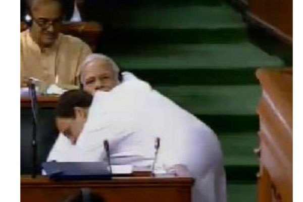 Rahul hugs Modi and says this is Congress