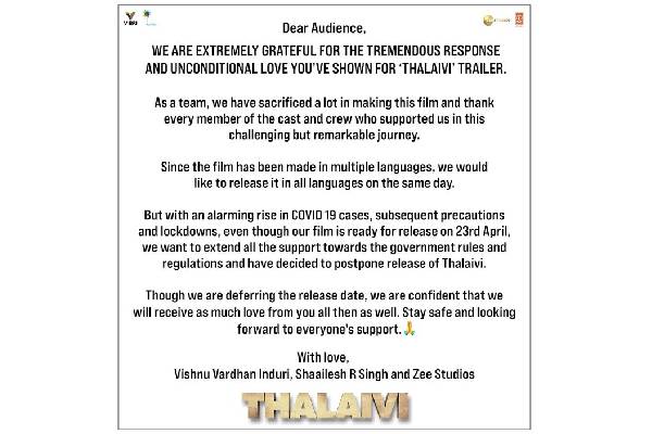 Kangana Ranaut’s Thalaivi Postponed