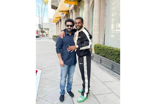 ‘Emily in Paris’ star Lucien Laviscount poses for a picture with NTR Jr in LA