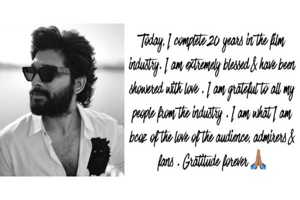 Allu Arjun pens a thank you note on completing 20 years in film industry