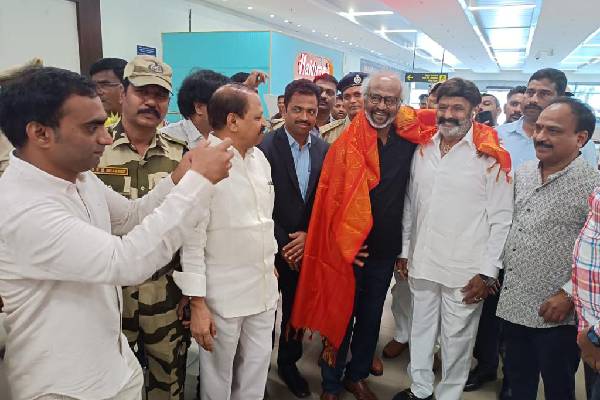 Balakrishna Receives Rajinikanth at Vijayawada Airport