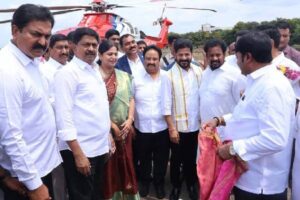 Telangana CM Revanth Reddy gets warm reception in Vijayawada